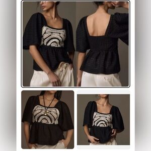 Anthro Sarah Hann Black Embroidered Peplum Blouse Boho Flutter Sleeve NWT SP